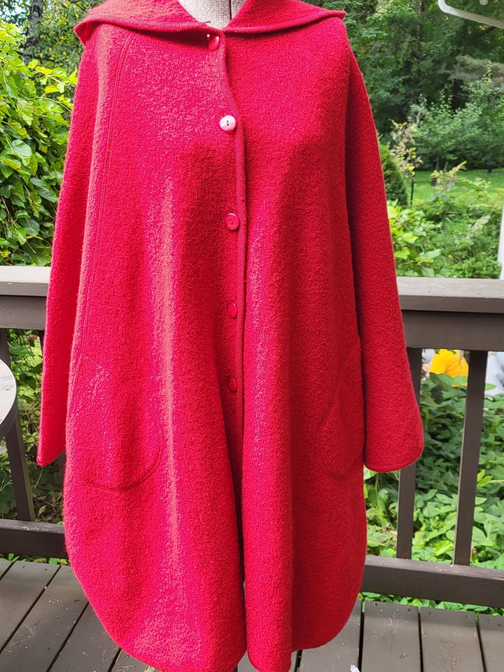 Red Hooded Cape With Button-Front And Button Sleeve